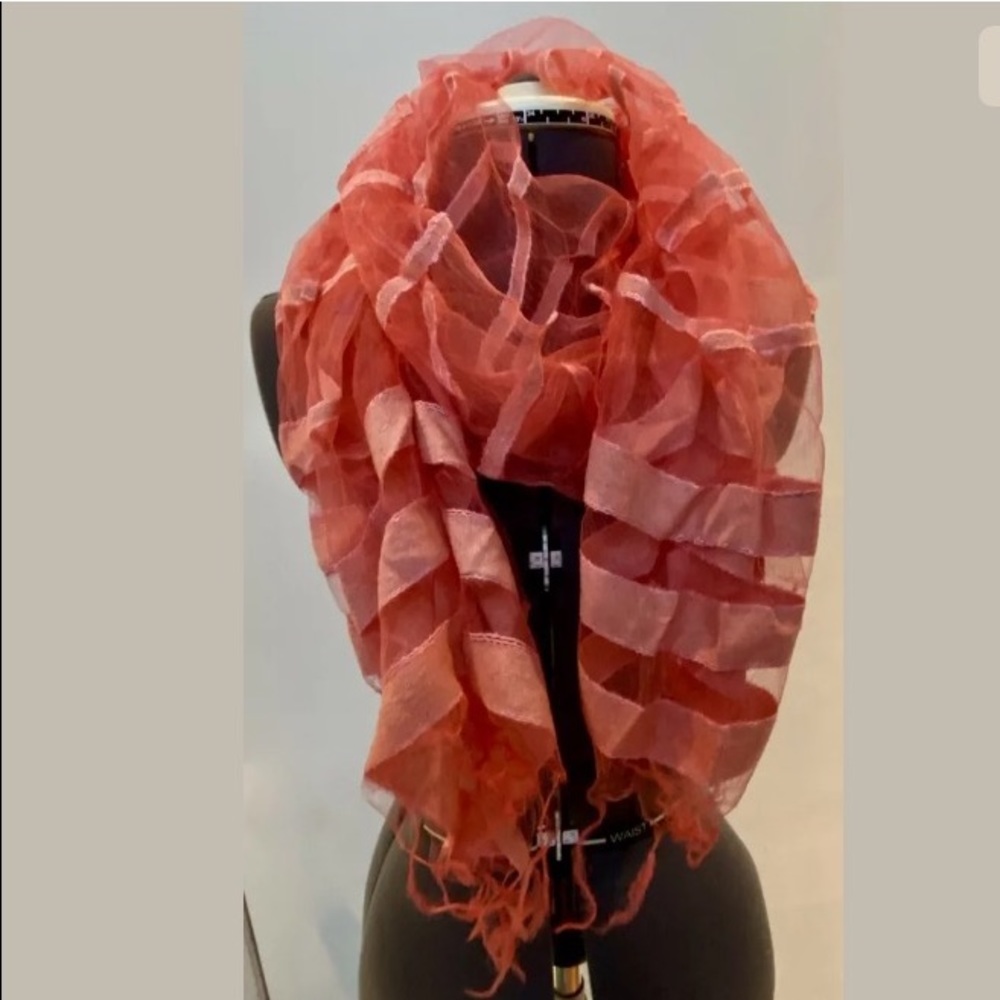VINTAGE 1980s ITALIAN 100% SILK ORGANZA LONG SCARF WRAP PINK ROSE GOLD STRIPES